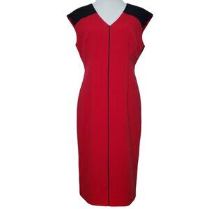Ellen Tracy Womens Sheath Dress Size 10 V-Neck Back Slit Cap Sleeves Red Black